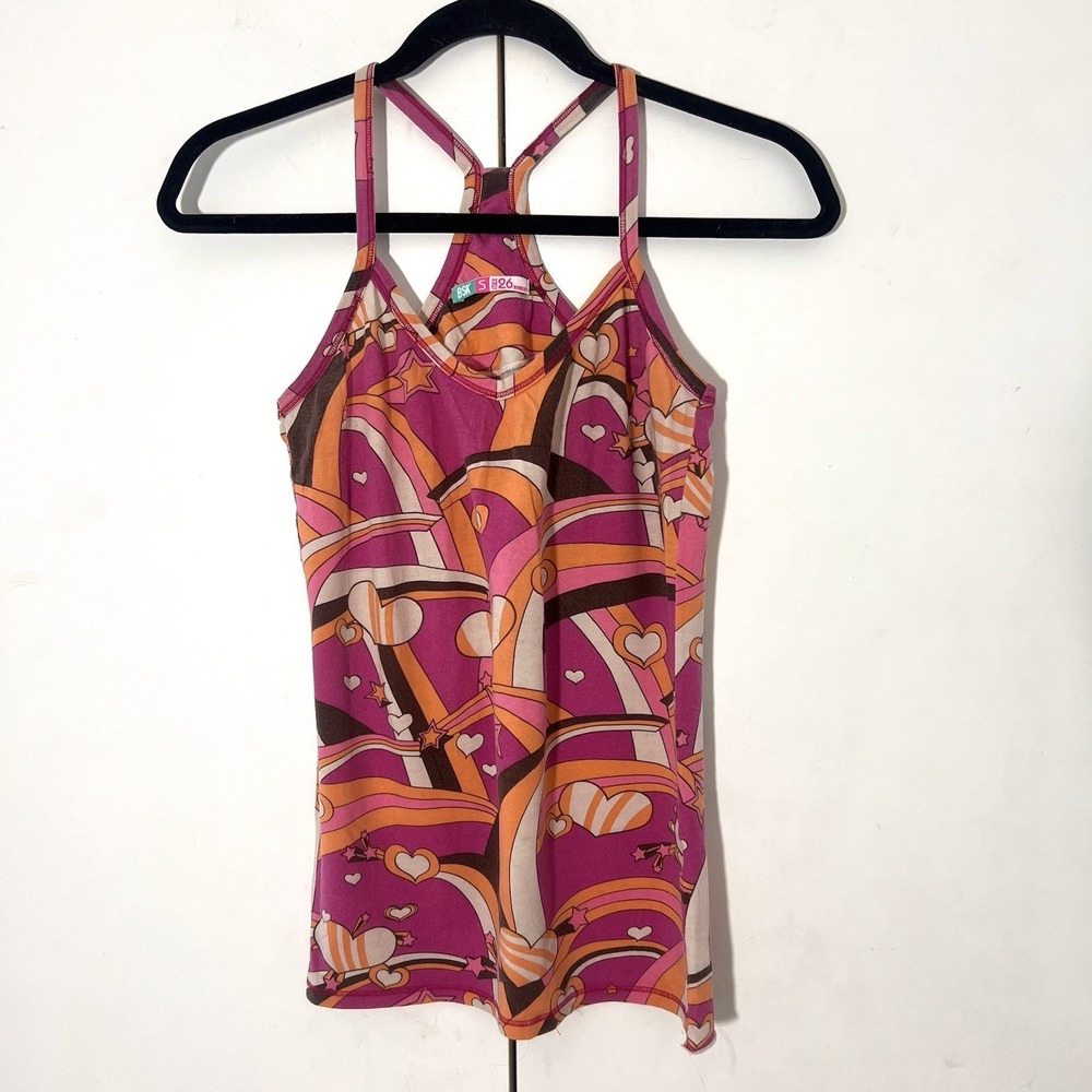 BSK Psychedelic Y2k Racerback Tank Top Womens S Pink Abstract Sleeveless‎ Hearts